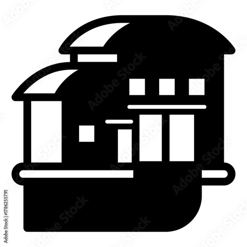 Building with warehouse solid icon, manufacturing logistic concept, hangar with gate and road sign on white background, glyph style for mobile web design. Vector graphics.