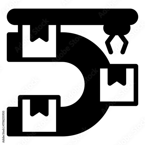 Sorting conveyor with boxes and robotic arm solid icon, manufacturing concept, robot claw work sign on white background, glyph style for mobile web design. Vector graphics.