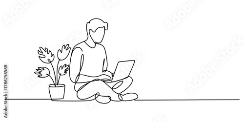 Continuous line drawing of a person working remotely on laptop