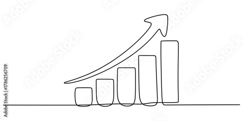 Continuous line art of a rising bar chart with a growth arrow