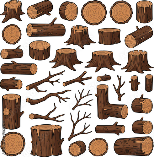 Huge Collection of Detailed Wood Logs, Tree Stumps, and Branches Vector Icons