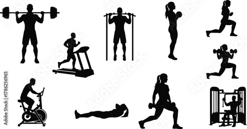 Fitness silhouette, gym workout, strength training, cardio exercise, dumbbell movement, barbell lift, bodyweight drill, black illustration, healthy lifestyle, exercise variety