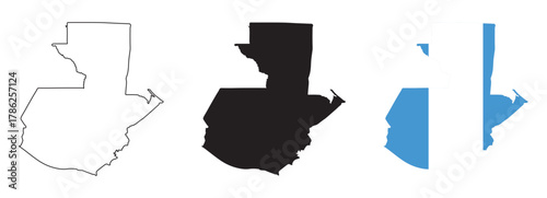 Guatemala map vector with editable country outline black silhouette and national flag featuring blue white blue stripes with coat of arms for geography, education, travel, and Latin America design