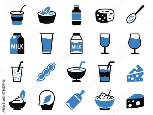 A collection of various drink and food icons in blue and black.