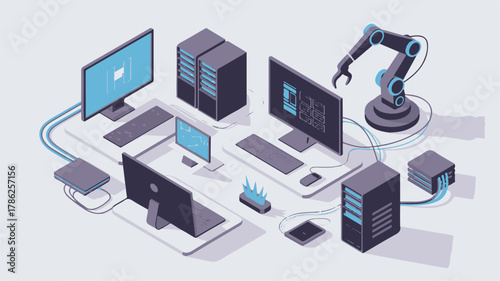 Isometric Technology Lab Illustration – Modern 3D Concept of Digital Innovation, Research, and Future Science"