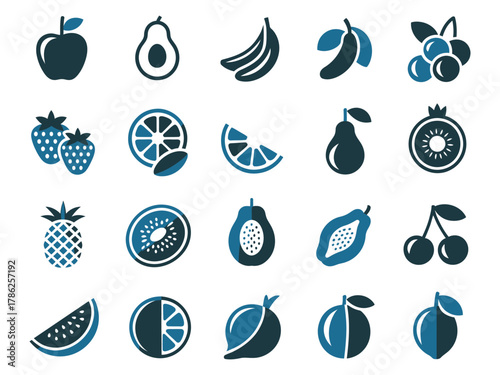 A colorful collection of various fruits illustrated in a modern, minimalistic style.