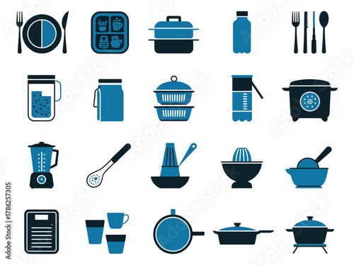 A collection of kitchen utensils and containers in a stylish blue and white silhouette design.
