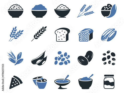 Collection of food icons including grains, legumes, and snacks in a minimalist style.