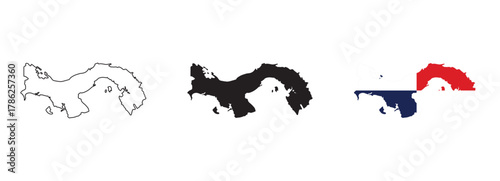 Panama map vector with editable country outline black silhouette and national flag featuring red white blue quarters with stars for geography, education, travel, and Central America illustration