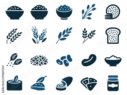 A collection of grain and food icons including rice, bread, and legumes in a minimalistic style.