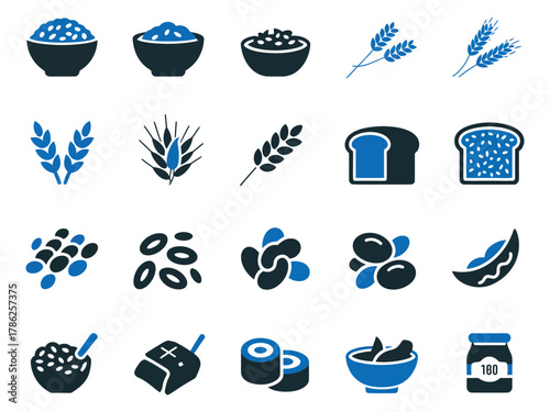 Illustration of various grains, legumes, and bread in a blue and black color scheme.