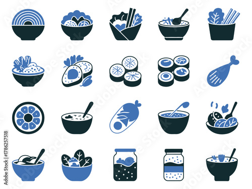 A variety of delicious food icons showcasing different Asian cuisines and dishes.