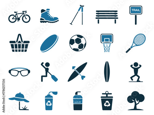 Collection of outdoor activity icons including sports and recreation gear.