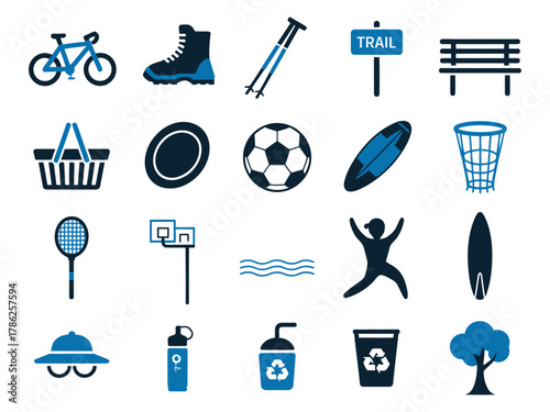 Collection of outdoor activity icons including a bicycle, hiking gear, and sports equipment.