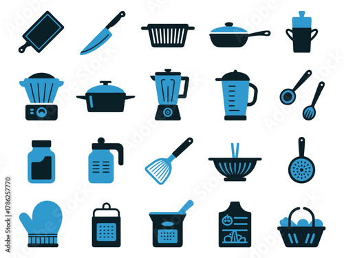 A collection of kitchen utensils and appliances in blue tones, perfect for culinary inspiration.