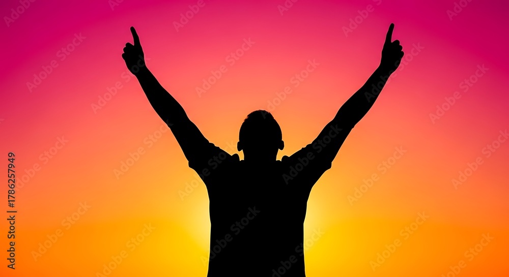 Fototapeta premium Triumphant silhouette raising arms to vibrant sunrise over sea of color