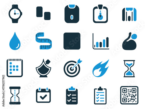 A collection of diverse monochrome icons symbolizing time management and productivity.