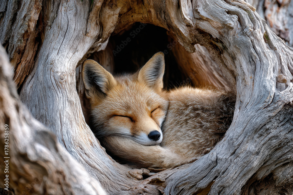 Obraz premium Fox peacefully resting in a hollow tree trunk during the afternoon in a serene forest setting