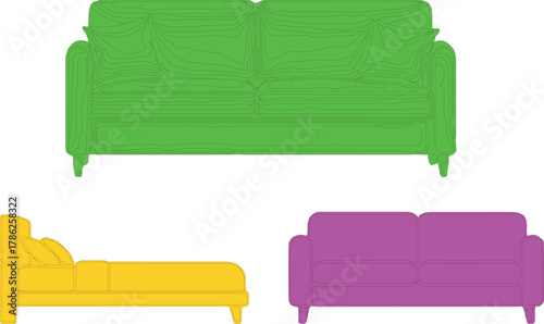  described features a playful and colorful arrangement of furniture, characterized by a simple, cartoon-like linework style.