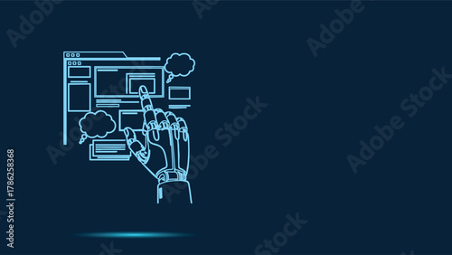 Advanced Artificial Intelligence Robotic Hand Selecting Information on a Complex Futuristic Digital User Interface Window Displaying Data Frames and Thought Bubbles in Bright Neon Line Art V
