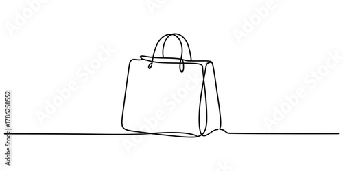 One line art drawing of a shopping bag for retail and commerce