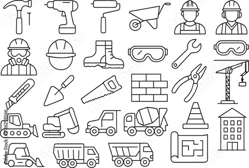 Construction Line Icons — Tools, Equipment, and Workers