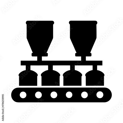 Industrial conveyor belt with hoppers and dispensing units silhouette