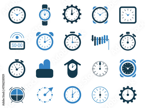 A diverse collection of clocks and timers in blue tones, showcasing various styles and functions.