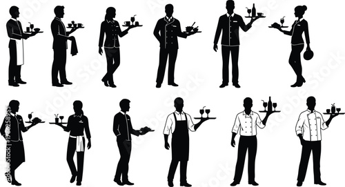 Restaurant staff silhouettes, waiter icons, hospitality workers, serving tray poses, catering team illustration, black uniform figures, food service concept, professional attire