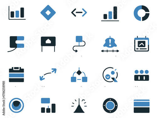 Collection of stylish blue and black icons representing data analysis and project management.