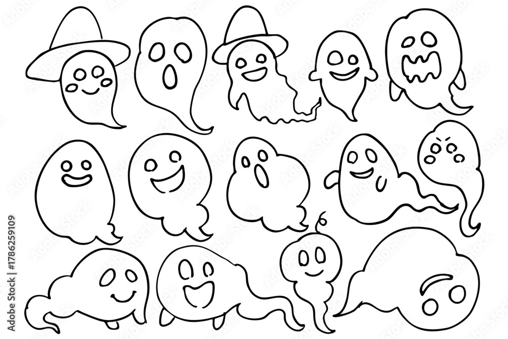 Fototapeta premium おばけの線画セット | ハロウィン イラスト コレクション ベクター素材