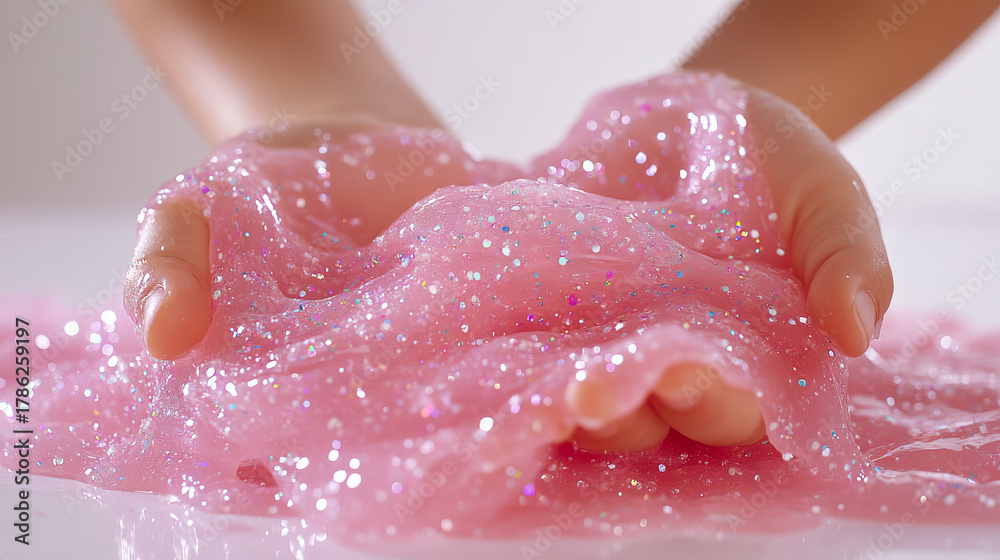 Fototapeta premium Hands playfully manipulate sparkling pink slime for sensory experience for National Slime Day