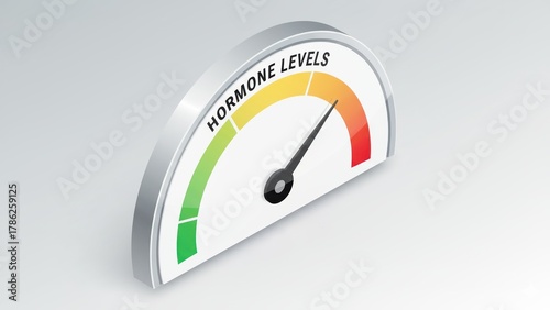 A modern hormone gauge with needle pointing toward lower levels in clean medical style, high testosterone, boost testosterone