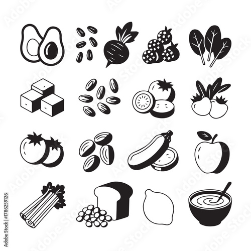 Healthy food icons isolated on white background, featuring nutrition, wellness, and dietary choices for a balanced lifestyle