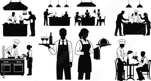 Restaurant teamwork, kitchen staff, chefs cooking, waiters serving, dining experience, hospitality scene, culinary service, food plating, customer interaction, restaurant silhouettes