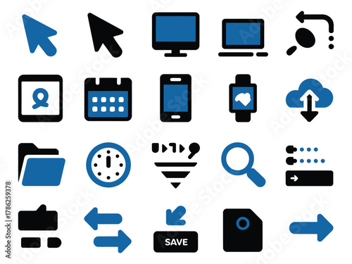 A diverse collection of modern web and app icons in black and blue, featuring various functionalities.