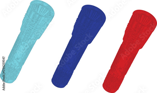 The image features three 3D-rendered flashlights, each illuminated in a different color, creating a vibrant and visually appealing composition against a clean white background.