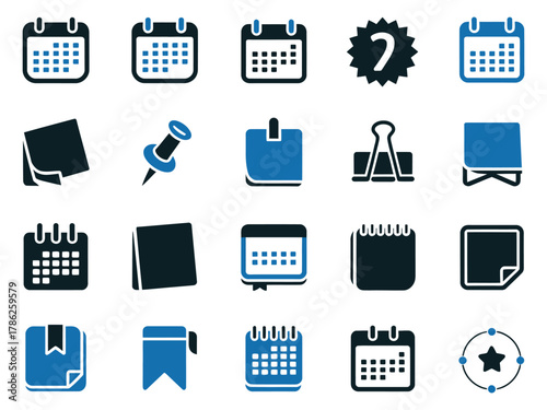 A collection of calendar and office supply icons in various shades of blue and black.