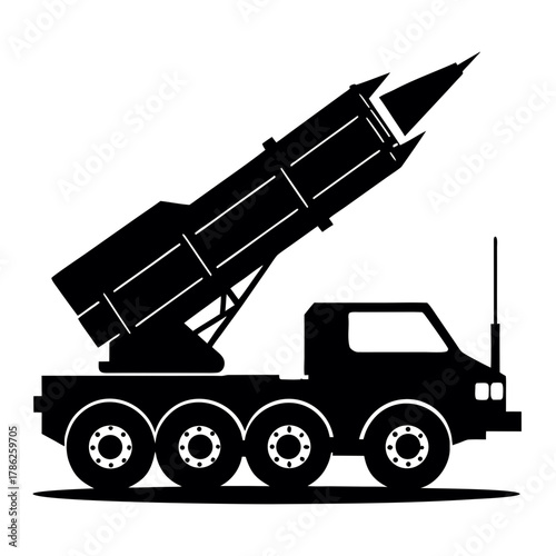 Military missile launcher truck in silhouette