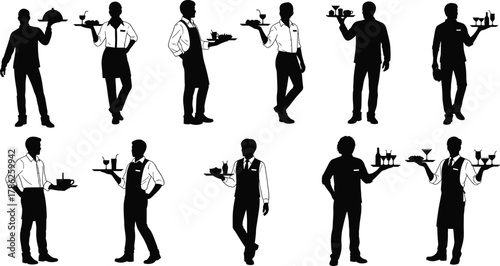 Waiter silhouettes, serving trays, hospitality staff, restaurant service, drink presentation, catering scene, food service, professional attire, waiter poses, beverage trays