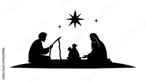 Holy nativity silhouette showing Mary, Joseph, and baby Jesus under bright star