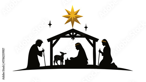 Holy nativity silhouette showing Mary, Joseph, and baby Jesus under bright star