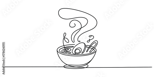 Minimalist continuous line art of hot soup bowl with rising steam