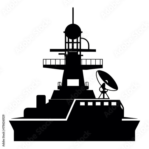Modern warship with radar and communication mast silhouette