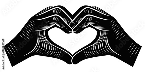 Christmas vector two hands forming a heart shape with detailed line work in a black and white illustration style image