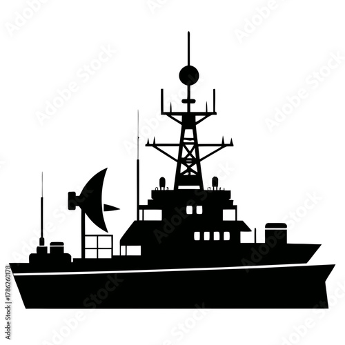 Modern military ship with radar and antennas silhouette