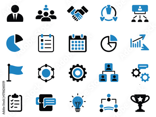 Collection of diverse business and teamwork icons in blue and black, depicting collaboration and strategy.