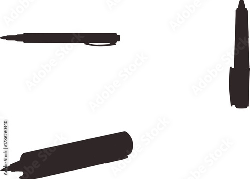 The image features three distinct depictions of a pen, all rendered in black against a clean white background, which emphasizes their shapes and orientations.