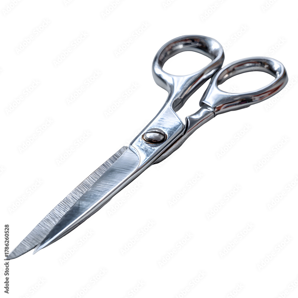 Obraz premium Stainless steel scissors open, blade reflections and texture realism, cinematic studio light and shadow balance, white isolated background