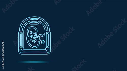 Neon Blue Glowing Outline Vector Graphic Illustrating a Developing Human Fetus Inside an Ultrasound Screen Frame Representing Prenatal Diagnostic Technology and Pregnancy Monitoring on a Dar